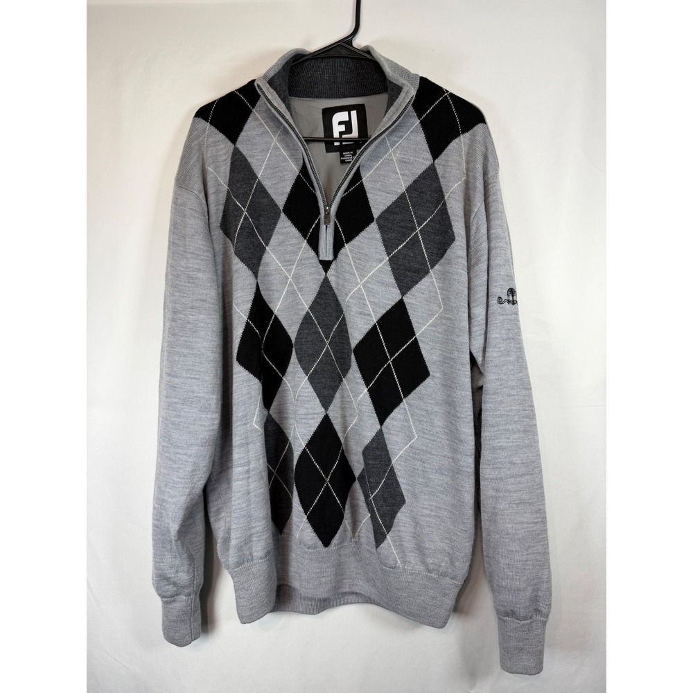 FootJoy Mens Grey Argyle Quarter Zip Pullover Sweater Large Golf Knit Mock Neck